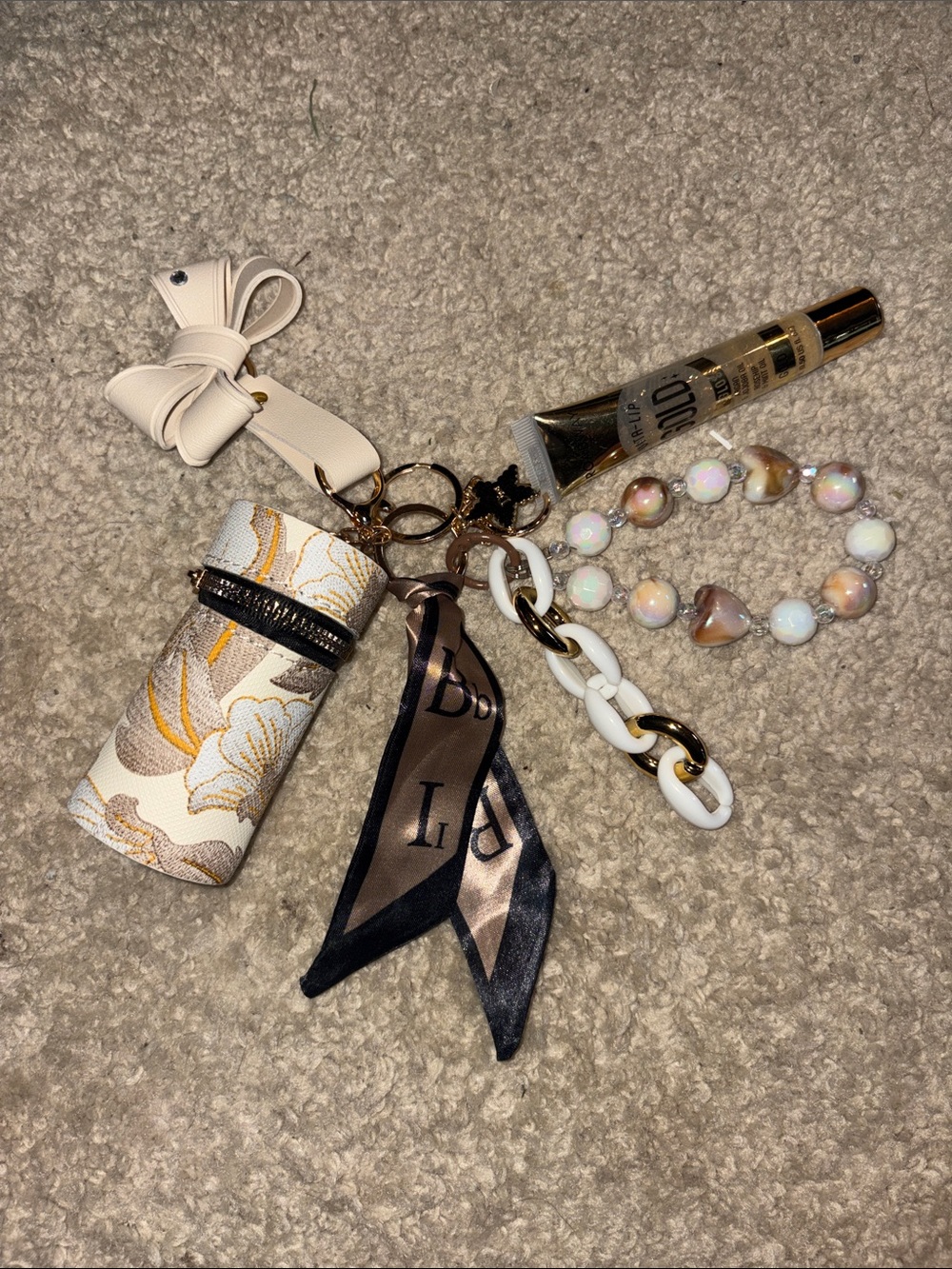 White & Gold Floral Lipstick Case Keychain with Bow and Beaded Charm